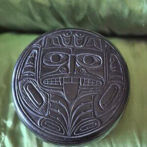 Vintage Pearlite Canada Crafted Heavy Tribal Carved Black Round Box